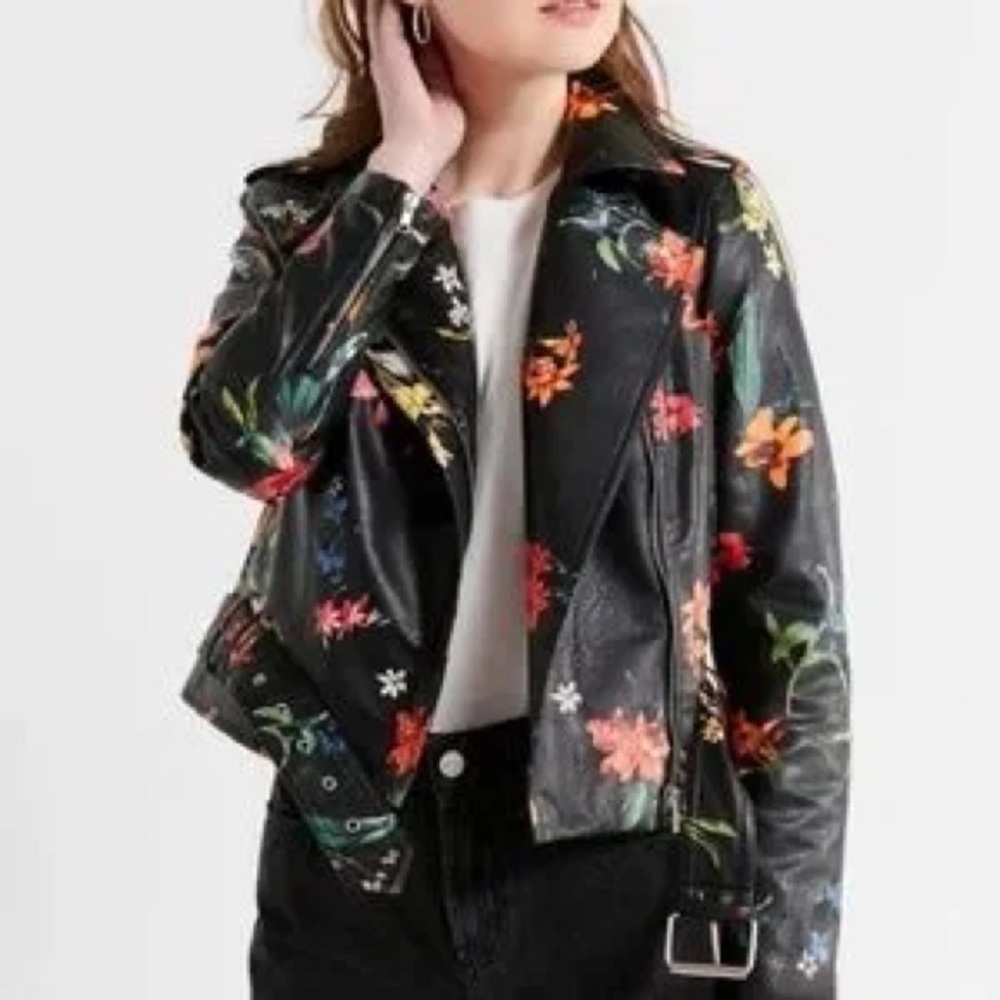 Urban Outfitters UO Painted Floral Vegan Faux Leather Moto Jacket